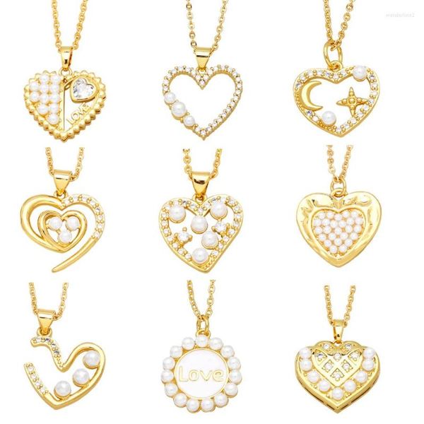 Collane con ciondolo FLOLA placcato oro piccola perla bianca per le donne rame CZ strass cuore collana San Valentino gioielli regali Nkeb721