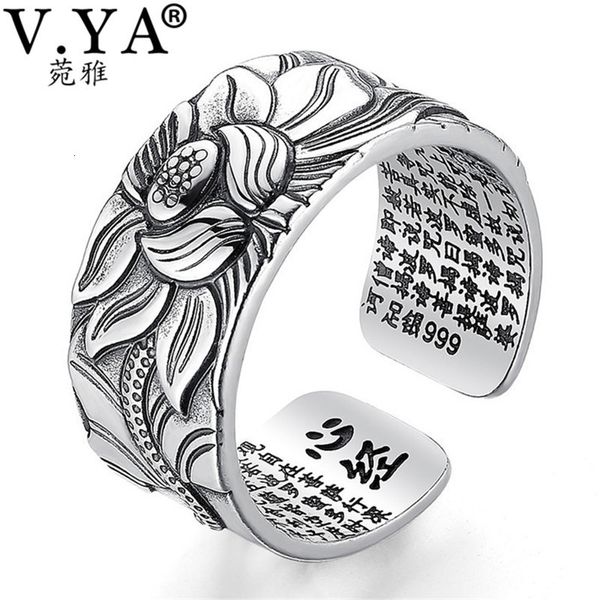 Eheringe VYA 100% Echt 999 Reines Silber Schmuck Lotusblume Offener Ring Für Männer Männliche Mode Freie Größe Buddhistisches Herz Sutra Geschenke 230608