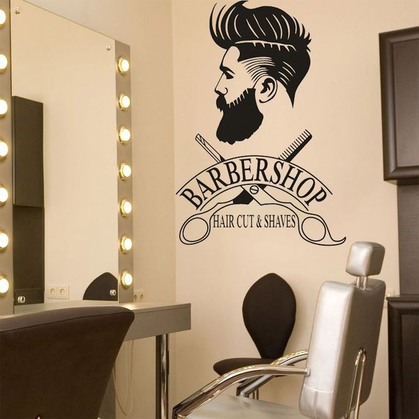 Decalque de vitrine de barbearia Homem hipster Adesivo de parede Tesoura de salão de cabeleireiro Mural de barba e corte de cabelo Logotipo Mural de vitrine