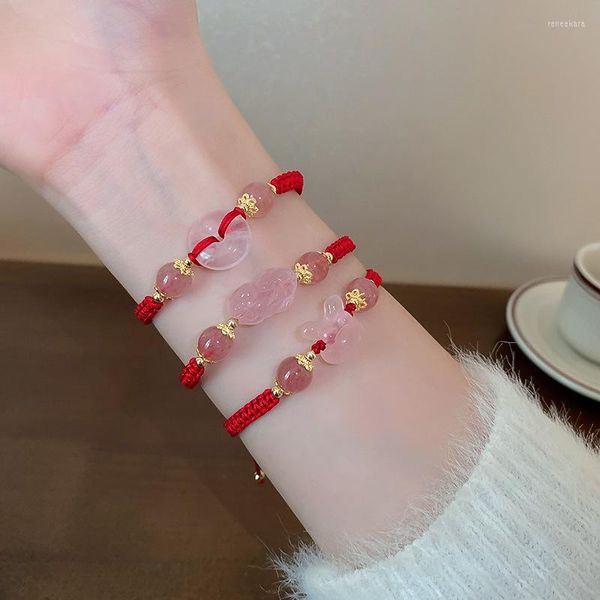 Link-Armbänder, niedliches Jade-Rosa-geometrisches Pixiu-Armband mit rotem Seil, koreanischer Charme, Handaccessoires, modische Ästhetik, Freundschaftsschmuck