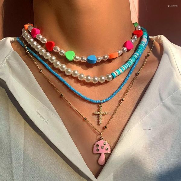 Ketten Koreanische Trendy Imitation Perlen Kreuz Pilz Perlen Halskette Für Frauen Regenbogen Herz Acryl Perlen Choker 2023 Schmuck