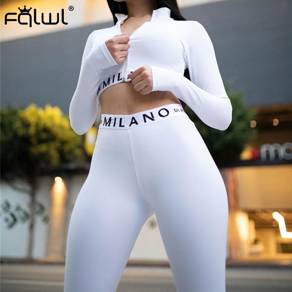 Pantaloni a due pezzi da donna FQLWL Streetwear Bianco Rosa 2 Set Abiti da donna Fitness Manica lunga Crop Top Leggings Tuta da donna Donna 230607