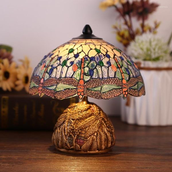 Tischlampen im amerikanischen Stil, Libellenlampe, Harzornamente, Buntglas, Vintage-Stil, Wohnzimmer, Arbeitszimmer, Büro, Schlafzimmer, Nachttisch, Nachtlicht