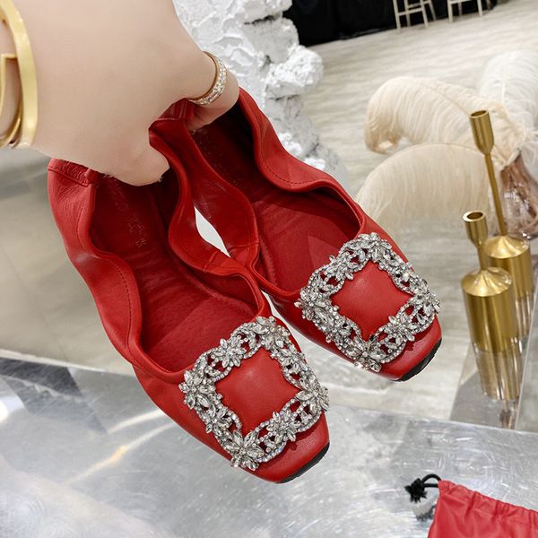 Sapatilhas de balé femininas de couro genuíno com strass, sapatos de casamento macios, dobráveis, sapatilhas de bailarina para escritório, mocassins femininos 42