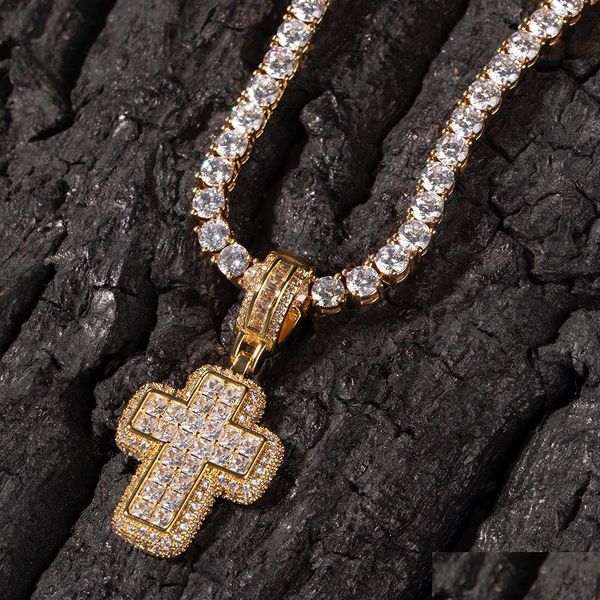 Collane con ciondolo Brillante diamante pietra croce pendenti collana gioielli 18 carati placcato oro reale Bling uomo donna regalo goccia religiosa Deli Dh21W