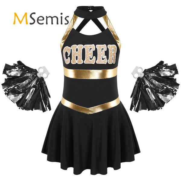 Cheerleading Kids Girls Uniforme Sports Dance Dress sem mangas Letras Estampadas Costas Ocas com 1 Par Bolas de Flores com Borla 230608