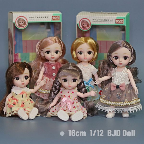 Bambole 16cm 112 Bjd Cute Doll 12 Giunti mobili BodyMakeUp Dress Up Parrucca lunga Occhi 3D Giocattolo di plastica Neonate Moda Regalo di compleanno 230607