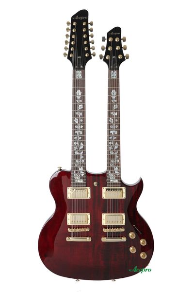 Chitarra elettrica a doppio manico rosso vino Acepro con corpo in tiglio Top scolpito Abalone Custom Stem Inlays Gold Hardware Guitarra