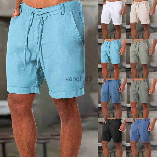 Shorts masculinos primavera verão shorts calças esportivas cor sólida linho esportivo calças de praia de qualidade macia bolso masculino com cordão calça de praia 2022 J230608