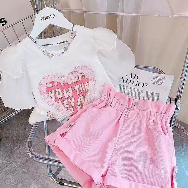 Completi di abbigliamento Vendita al dettaglio Neonate Adolescenti Corea Estate Rosa Imposta T-shirt Pantaloncini Abiti di moda Ragazza 4-9 T 230607