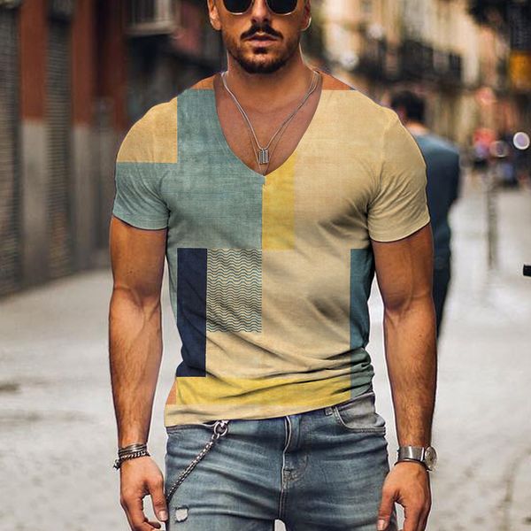 Erkek Tişörtler Erkekler Vintage T-Shirt Yaz 3d Çizgili V Boyun Kısa Kollu Büyük Boyutlu Sıradan Stil Top Nefes Alabilir Y2K Erkek Giyim Tişört 230607