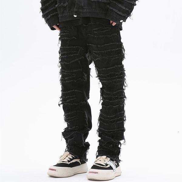 Jeans Masculino Dark Streetwear Preto Borla Patchwork Reto Homens Grunge Calça Moda Punk Hip Hop Calça Denim Ropa Hombre 230607