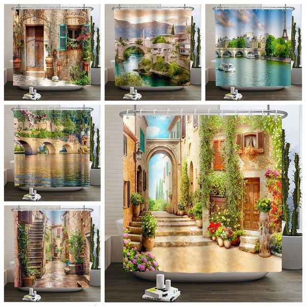 Занавески для душа 3D Arch Garden Landscape Crancape Tearnest Forest Waterfall Nature Decorery Home Decor Polyester Водонепроницаемая ткань ванная комната 230607