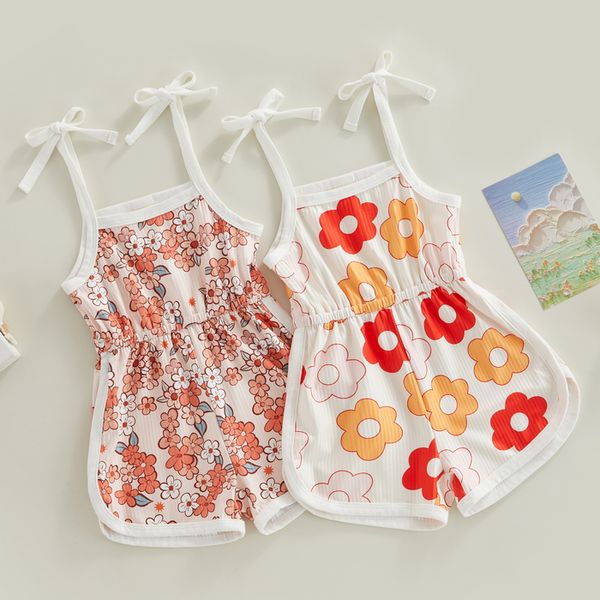 Strampler FOCUSNORM 1-5Y Kleinkind Mädchen Sommer Bodysuit Cartoon Print Ärmellos Sling Lace Up Jumpsuit Shorts