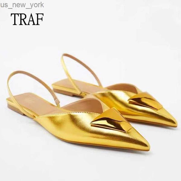 ONKOGENE Flache Sandalen Frau Frühling Sommer 2023 Elegante Weibliche Casual Frauen Gold Schuhe Luxus Designer Maultiere Pointe Frau Hausschuhe L230518