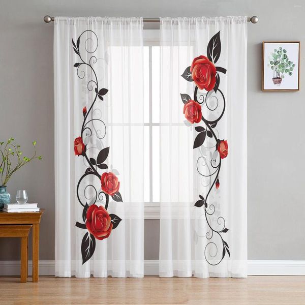 Cortina rosa vermelha videira flor tule cortinas para sala de estar quarto cozinha decoração chiffon sheer voile janela cortina personalizada
