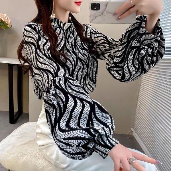Kadın bluzları Siyah baskı şifon gömleği bahar yaz moda bluz 2023 Kore tarzı ol uzun kollu yuvarlak boyunlu kadın için zarif