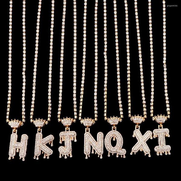 Correntes de luxo cheias de strass letra inicial nome pingente colar para mulheres coroa alfabeto corrente de cristal masculino hip hop jóias