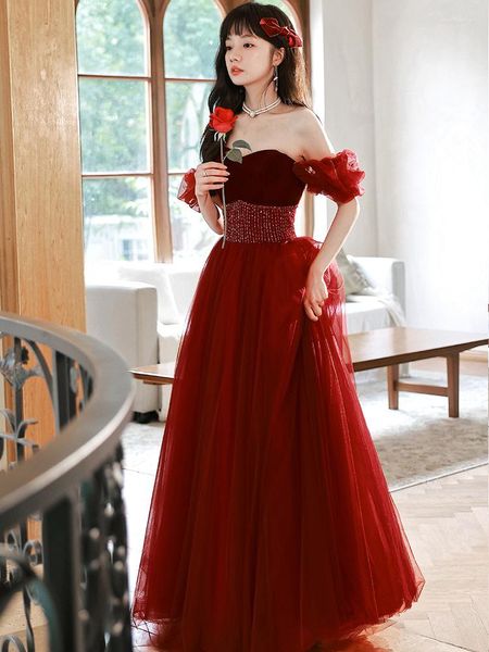 Partykleider Wunderschönes weinrotes schulterfreies Frauen-Abschlussballkleid trägerlos mit hoher Taille Tüll Langes Abendkleid Prinzessin Vestidos