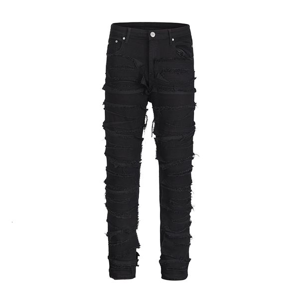 Jeans Masculino Harajuku Desfiado Calça Preta Retrô Desfiada Homens e Mulheres Reto Rasgado Buraco Cor Sólida Calças Denim Casuais 230607