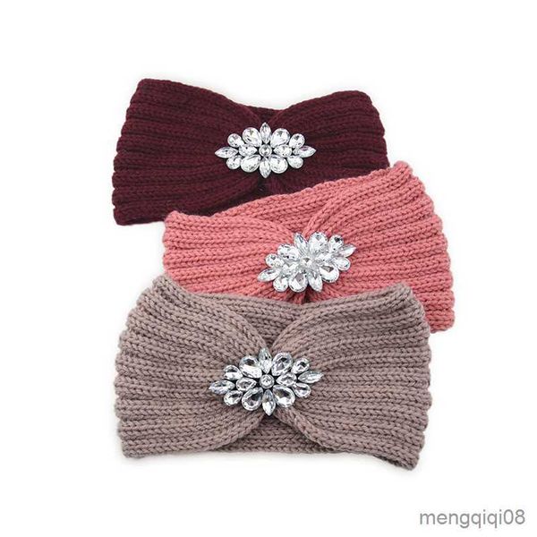 Andere Winter Breite Gestrickte Stirnband Frauen Neue Klare Kristall Blume Twist Häkeln Haarband Kopf Wrap Strass Ohr Wärmer Zubehör R230608