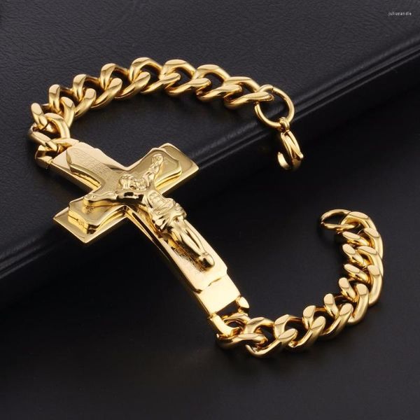 Link Armbänder Kruzifix Jesus Bibel Kreuz Armband Männer Schmuck / Silber Farbe Edelstahl Kubanische Kette Vatertag Geschenke SL003