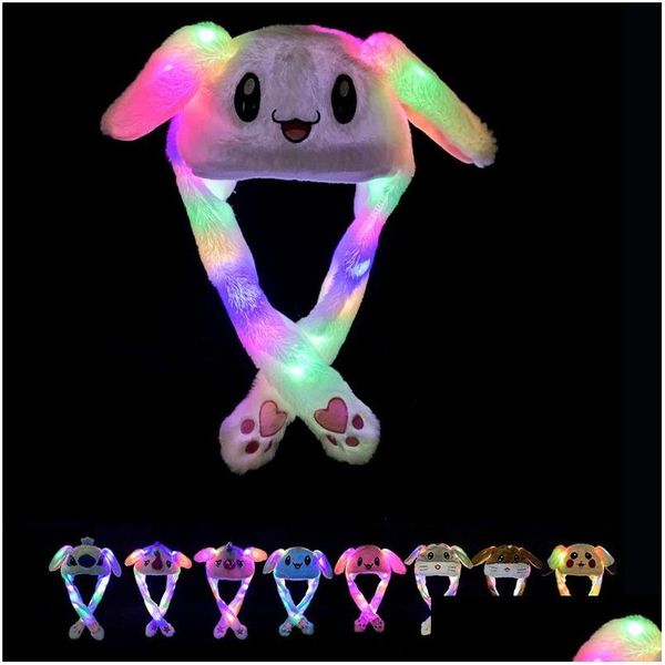 Outros Têxteis Domésticos 33 Estilos Led Light Plush Hat Cartoon Animal Cap Para Coelho Gato Coelho Orelha Movendo Chapéus Adt Crianças Natal Inverno W Dhi8C