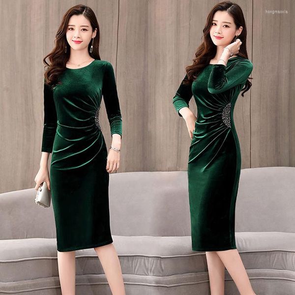 Casual Kleider Sexy Slim Plissee Pailletten Samt Kleid Frauen Elegante Koreanische Langarm Abend Party Vintage Knielangen Vestidos Festa