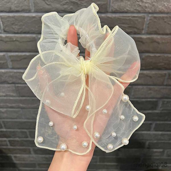 Diğer Bow Pearl Tül Şerit Scrunchies Beyaz Siyah Uzun Mesh Elastik Saç Bantları Kız Aksesuarları Halat Organza Bağları R230608