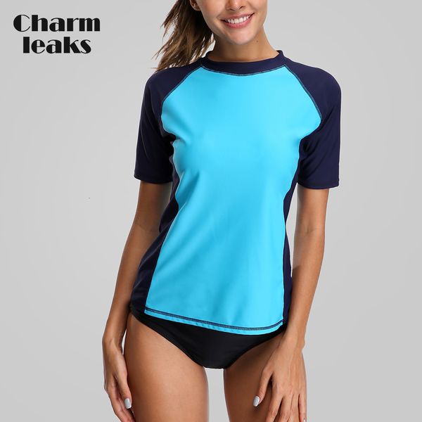 Wetsuits Drysuits Charmleaks Women Short Sleeve Rash Guard Shirts Rashguard Swimwear Surf Top UPF 50 Running Shirt Biking Shirts Swimsuit 230607