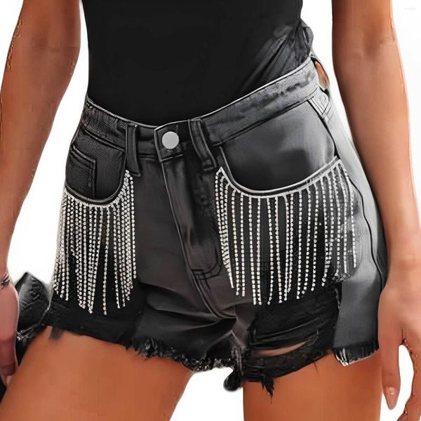 Shorts feminino feminino com strass franja jeans cintura média barra rasgada elástico jeans desfiado desfiado