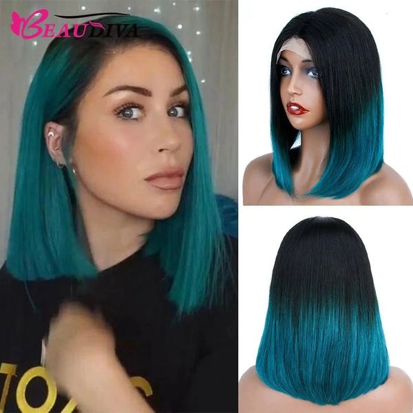 Lace Wigs Straight Bob Wigs Blue Omber Color Lace Closure Cabelo Humano Para Mulheres Loiro Ombre Colorido 4x4x1 Straight Bob Peruca de cabelo humano 230607