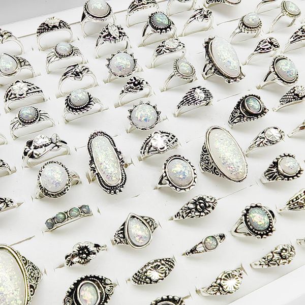 Cluster Rings 20 pçsLote Resina Big Finger Rings For Women Antique Silver Plate False Opal Stone Flower Jewelry Party Decore Lady Girl Bar 230607