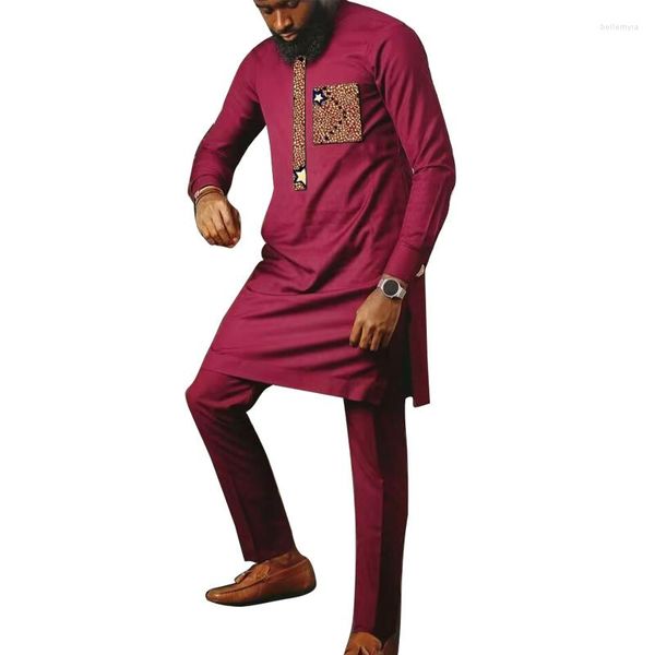 Ethnische Kleidung, weinrotes Herren-Set, afrikanisches Print-Hemd, Patch-Hose, cooles Gefühl, Patchwork-Oberteile mit Hose, maßgeschneiderte nigerianische Outfits