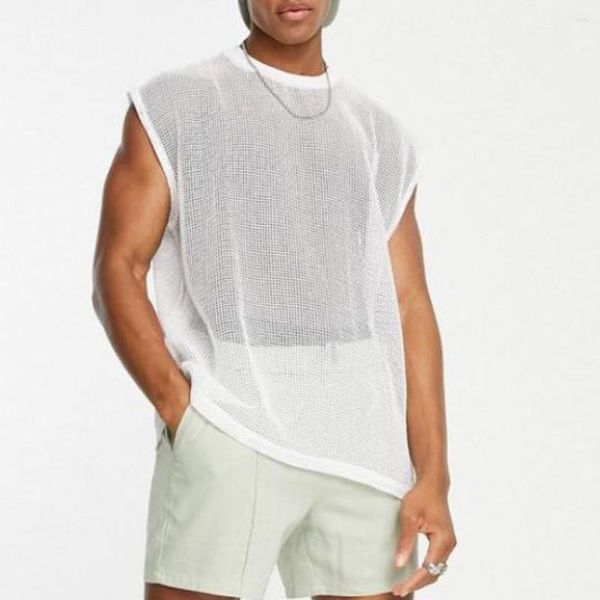 Herren-T-Shirts, Herren-Mesh-Oberteile, Sommermode, lockere weiße Perspektive, aushöhlen, lässig, sexy Weste, Streetwear, Tank-Top für Männer, Nachtclub