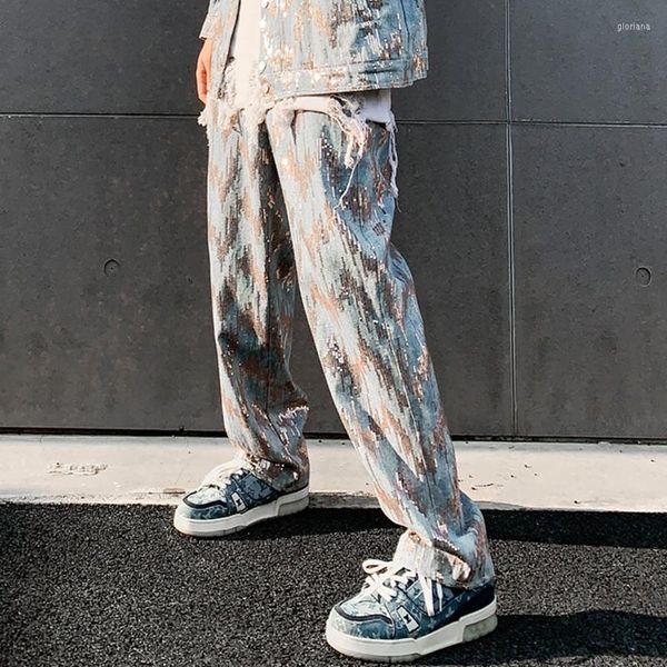 Мужские джинсы прямой блески для ног дизайнерские мужские корейские тенденции моды хип -хоп уличная одежда для подростковой танцовщицы шоу джинсовые штаны