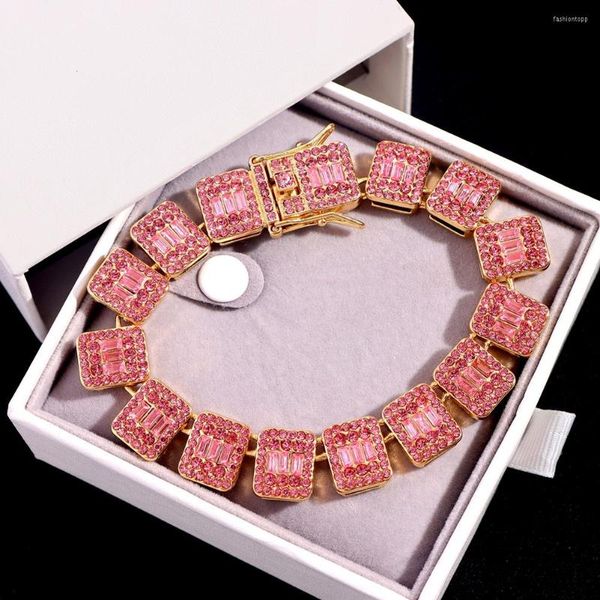 Braccialetti di collegamento Iced Out Pink Baguette Bracciale da tennis a catena cubana per donna Uomo Bling Micro Pave Square Punk Jewelry