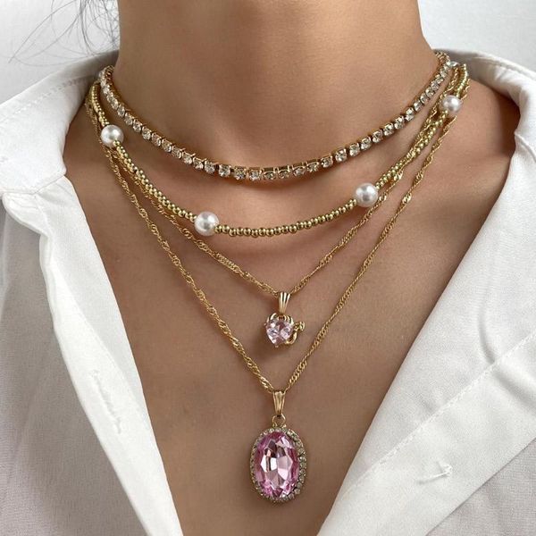 Ketten Luxus Herz Strass Tennis Kette Anhänger Halskette Für Frauen Mehrschichtige Goldene Perlen Perlen Choker Trendy Schmuck