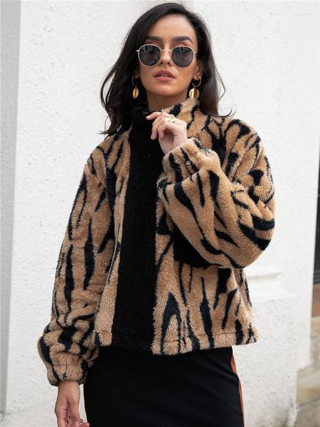 Casaco sintético luxuoso de pele feminina, cardigã sherpa tigre quente, ambos os lados, jaqueta de lã polar, top listrado de alta qualidade