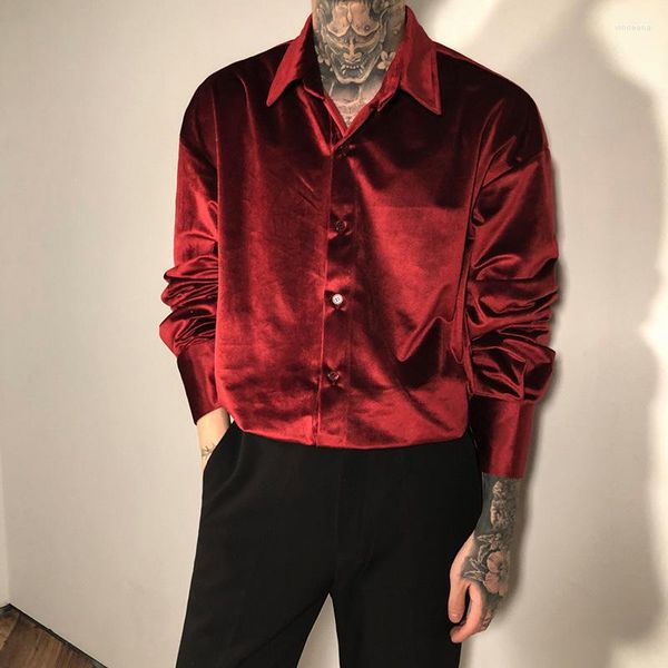 Camicie casual da uomo Abiti rossi in velluto per uomo Camicetta di peluche elegante vintage bordeaux Blusa da festa nera