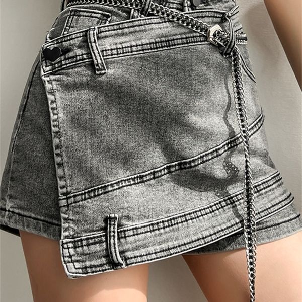 Юбки Deat Fashion Женская джинсовая юбка высокая талия нерегулярная цепь сплайсированная серая над коленом Саммер 17A1443 230607