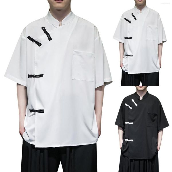 Camisas casuais masculinas com gola vintage de seda pura gelo manga média camiseta masculina Tang tamanho masculino com desenhos manga de verão