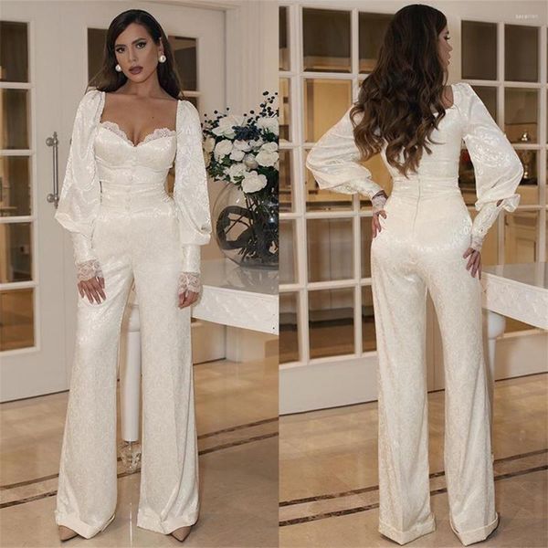 Vestidos de festa lindo macacão branco apliques de renda para noite manga comprida vestidos de formatura gola quadrada feito sob medida