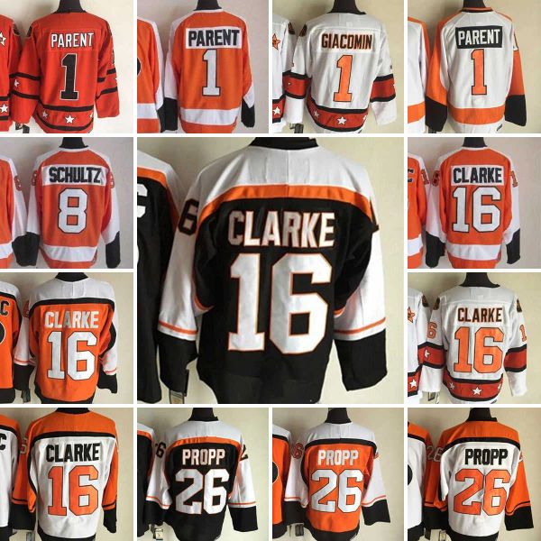 Philadelphia'''''''flyers'''hokey forması özel erkek kadın kadın gençlik nakış 1 bernie ebeveyn 8 dave schultz 16 bobby clarke 26 brian propp vintage formaları