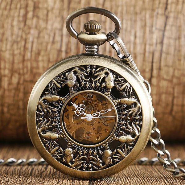 Steampunk Bronze Hollow Out Cute Little Goldfish Cover Handaufzug Mechanische Taschenuhr FOB Skelettuhr Anhänger Kette für Herren Wo218E