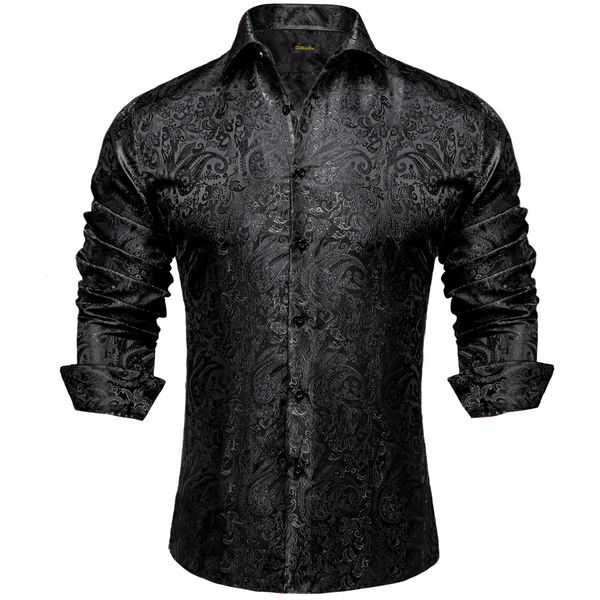Erkek Girmiş Gömlek Uzun Kollu Siyah Paisley İpek Elbise Smokin Sosyal Gömlek Lüks Tasarımcı Erkek Giyim 230607