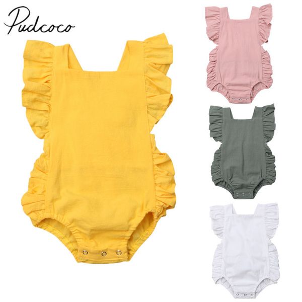 Strampler Brand Born Kleinkind Kinder Baby Mädchen Strampler Rüschen Kurzarm Solide Rückenfreier Gürtel Overalls Baumwolle Playsuit 230607