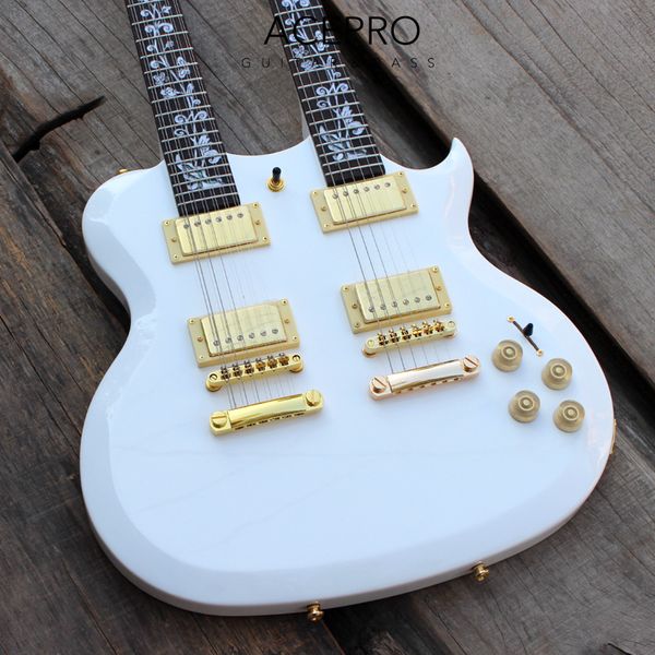 Acepro guitarra elétrica de braço duplo de cor branca com corpo de basswood esculpido em abalone com incrustações de haste personalizadas ferragens douradas guitarra