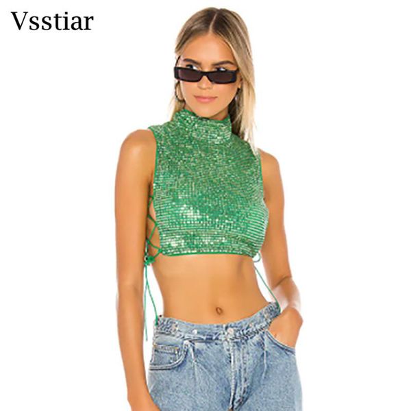 T-shirt vsstiar 2022 moda payet yeşil tank üst yan bandaj seksi tank üst sırtsız parti gece kulübü seksi yaz kamisole üst kadın