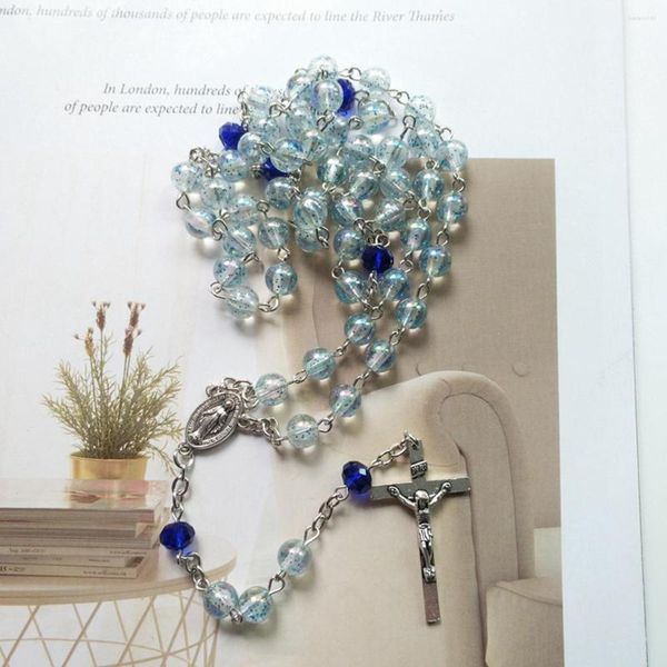 Anhänger Halsketten Transparente blaue Rosenkranz Perlen Halskette Christus Kreuz Unsere Dame der Jungfrau Maria Frauen Religiöser katholischer Schmuck